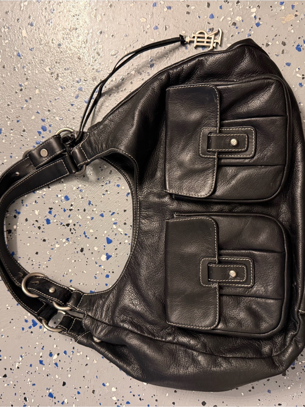 Ralph Lauren Black Leather Shoulder Hobo Bag with Front Pockets